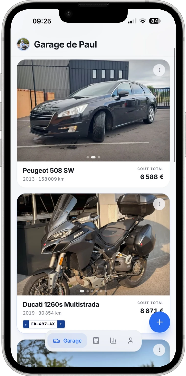 Le garage PAVIGA avec la liste des véhicules et leur coût total
